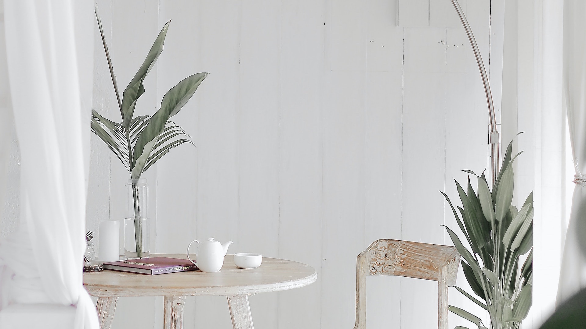 白いテーブルと観葉植物のある部屋の無料バーチャル背景素材