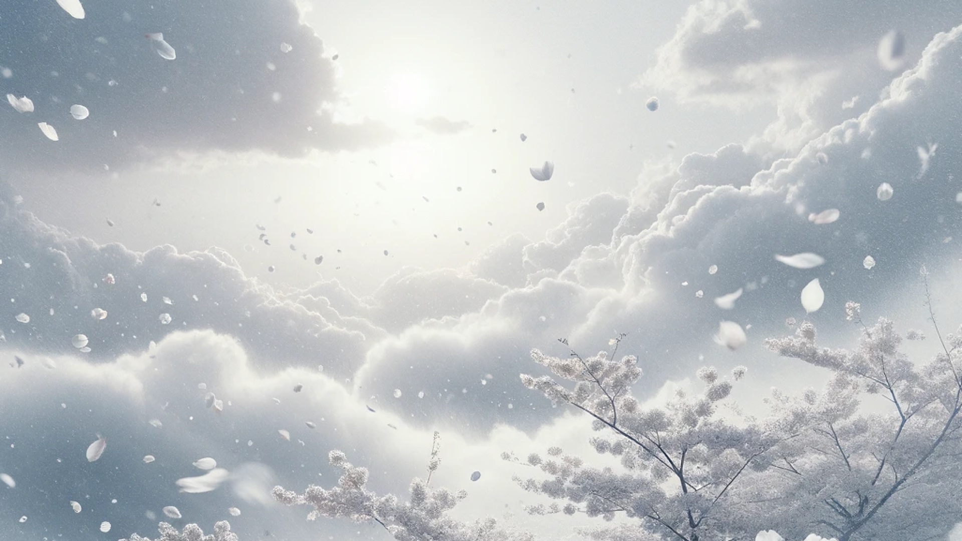 雲と白い桜吹雪のイラストの背景